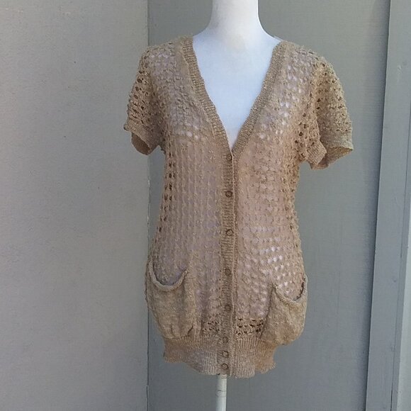 Anthropologie Solitaire Women's Preppy Bohemian Open Weave Cardigan Tan Size Med - Picture 2 of 5